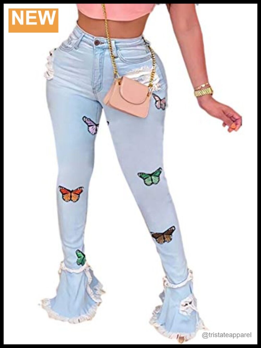 Women's Bell Bottom Flare Jeans Ripped Raw Hem High Waist Denim Pants